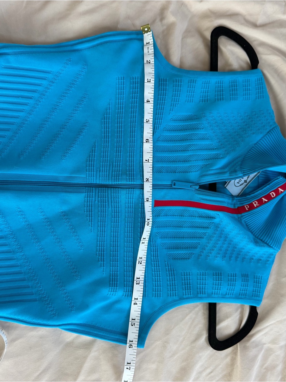 Prada Bright Blue Sleeveless Zip-Up Ribbed Collar Bodysuit with Red Trim - Picture 8 of 9